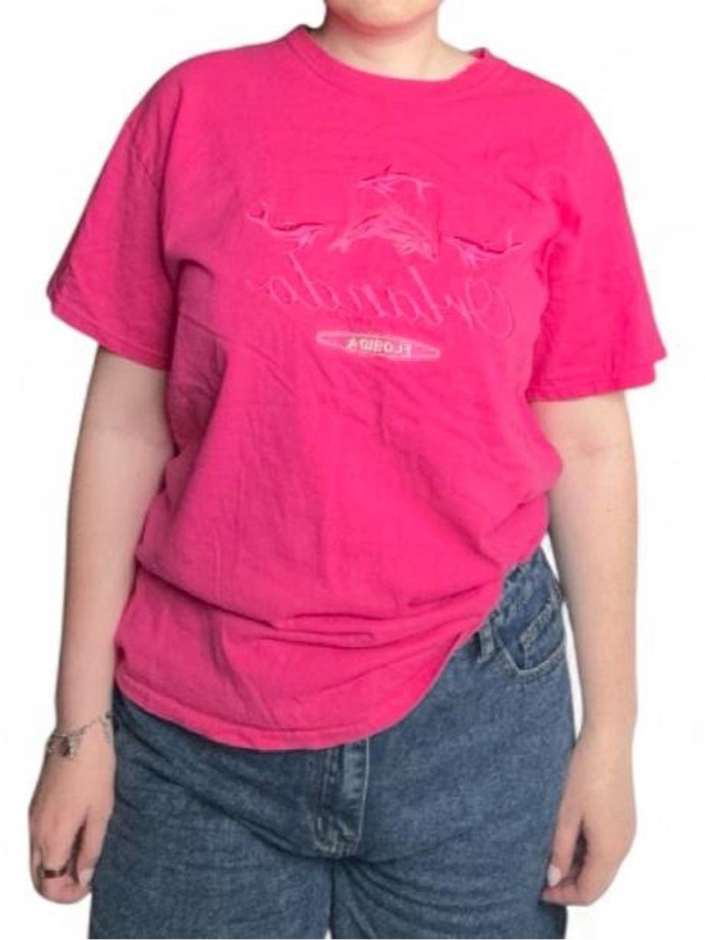 Vintage Orlando Florida Dolphin Embroidered T-Shirt // Size Large Hot Pink